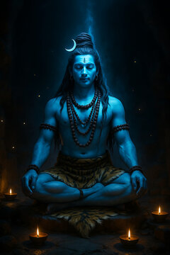 Blue divine lord mahadev meditating in dark cave with oil lamps during shib chaturthi showing peace and spiritual strength of mahadev presence and energy