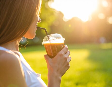 Woman enjoying a smoothie outdoors in soft sunlight with an urban park background. Healthy lifestyle, fresh nutrition, casual vibe, and natural wellness in a bright, refreshing setting.

