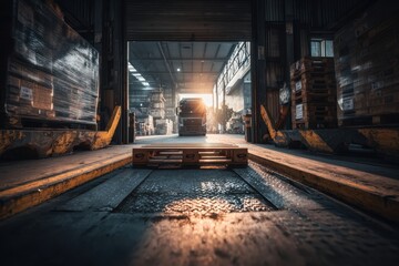 A modern truck parked in a vast industrial warehouse with a warm sunlight background, illuminating a pallet and highlighting logistical operations, showcasing supply chain efficiency.