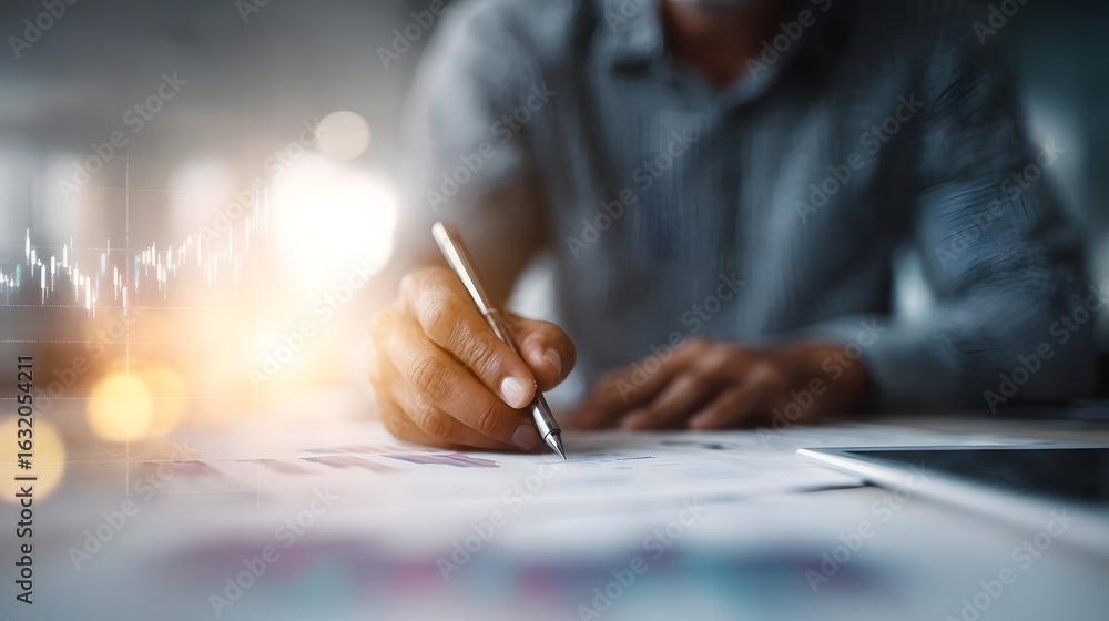 Poster business analyst reviewing financial data and creating a report