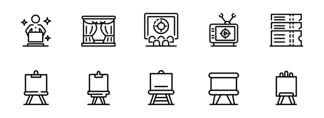 Collection of Modern Line Icons: Presentation, Stage, Screen, Television, Tickets, and Easels; Clean, Minimalist Style; Professional and Versatile Design for Business and Marketing.