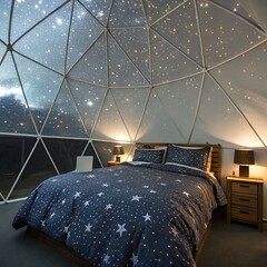 Bedroom inside a geodesic dome with star lights and star patterned bedding and bedside tables lamps