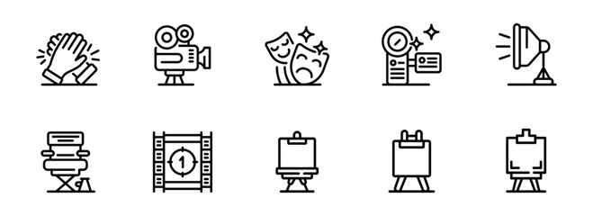 Filmmaking and Theater Production Icon Set:  Clean Line Art Style,  Positive and Energetic Mood,  Perfect for Creative Industry Websites and Presentations.