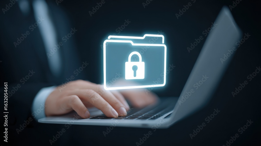 Aufkleber a man is typing on a laptop with a file icon that has a lock on it