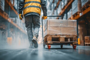 A warehouse worker carefully maneuvers a heavy pallet of boxes through the facility, ensuring smooth operations and efficient logistics in a busy distribution center.