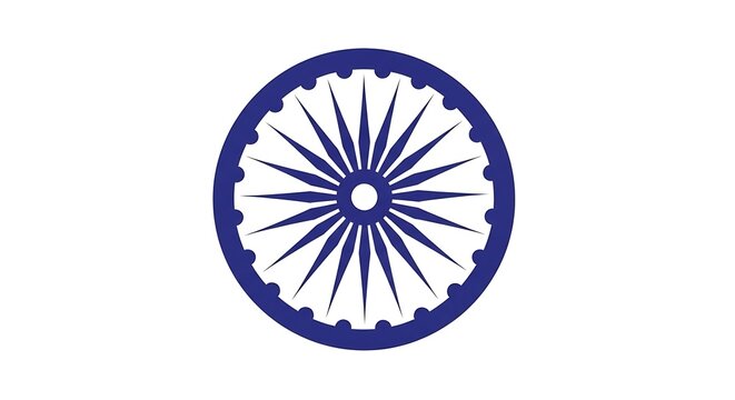 Blue Dharma wheel, the Ashoka Chakra, a national symbol of India with 24 spokes, isolated on a white background. Vector graphic.