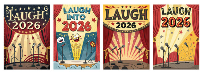 Obraz premium Set of four posters showcasing vibrant designs for Laugh 2026