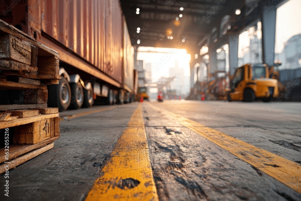 Poster a busy port with cargo containers and a forklift loading pallets, bathed in the warm glow of the set