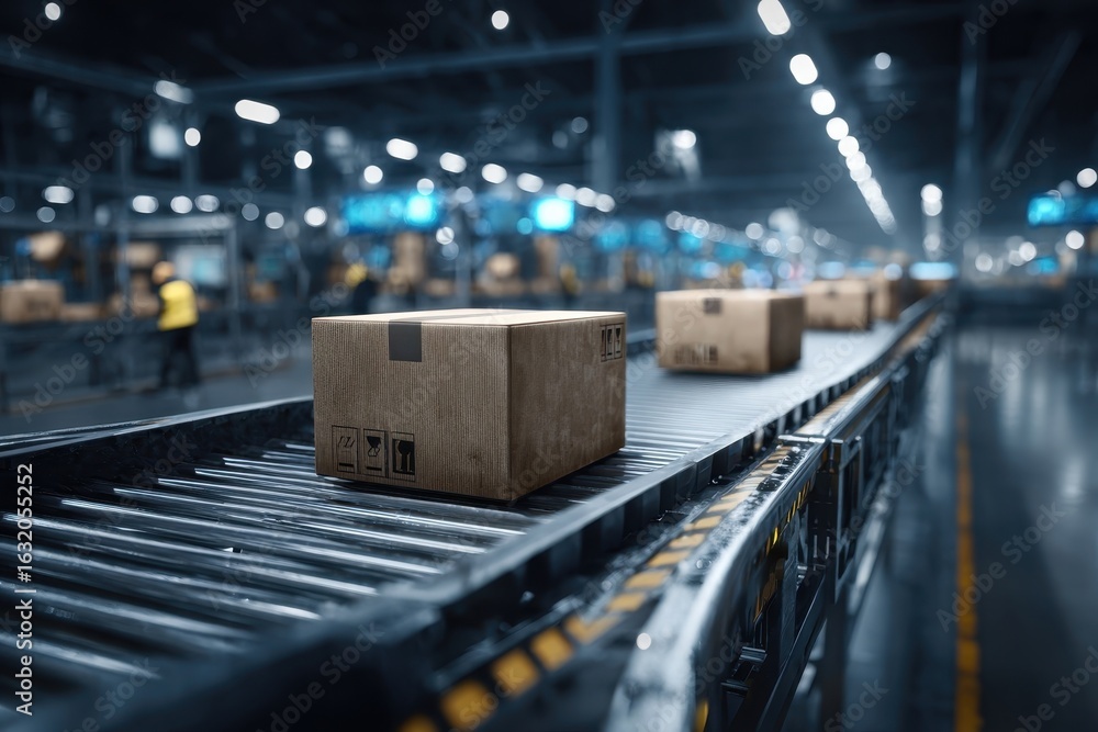Poster brown cardboard boxes moving along a conveyor belt in a modern distribution center, automated proces