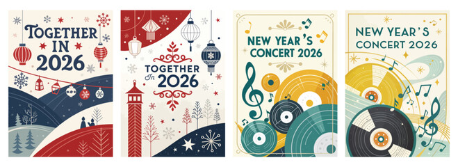 Set of four festive posters for New Year's Concert 2026 with music themes