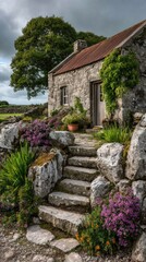 Rustic stone cottage with garden steps
