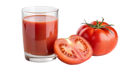 Tomato and juice, fresh and ready to enjoy: A refreshing close-up captures the vibrant red hue of freshly squeezed tomato juice in a glass, accompanied by a whole tomato and a halved one.