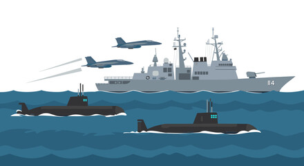 Naval fleet operation with warships, submarines, and fighter jets in motion on ocean waves