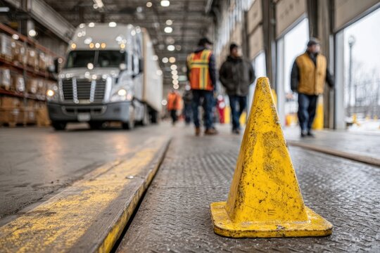 Focus on safety: Yellow safety cone at a truck loading dock, symbolizing warehouse safety and caution, with blurred workers and transport vehicle in background.