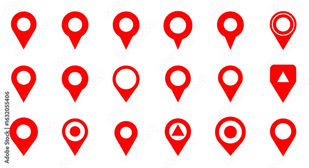 Poster red map markers set: minimalist location icons for navigation and gps