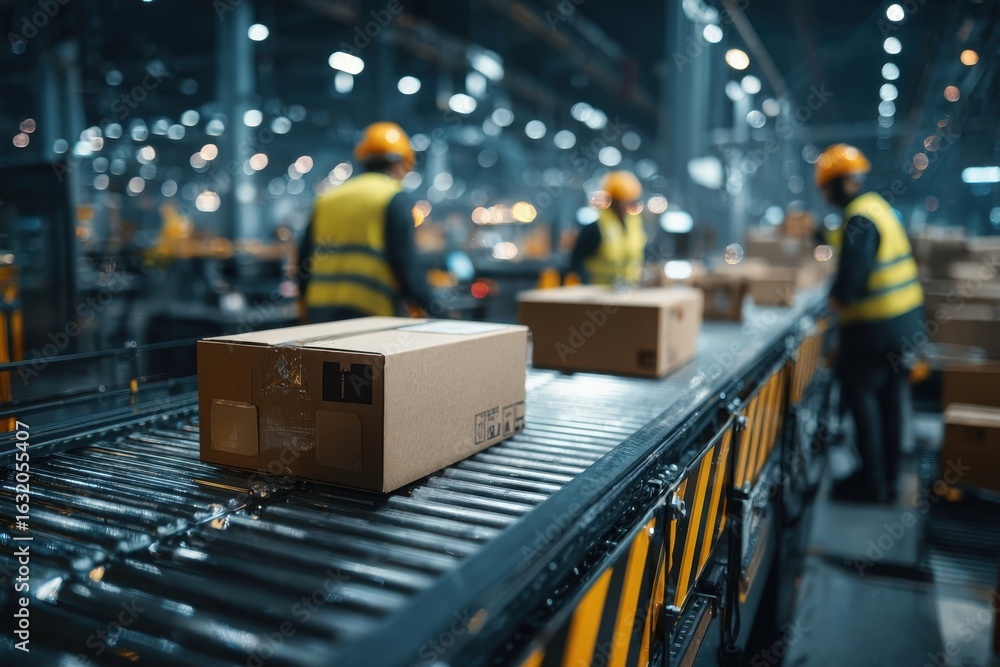 Poster automated cardboard box handling on a modern conveyor belt system inside warehouse, where workers ov