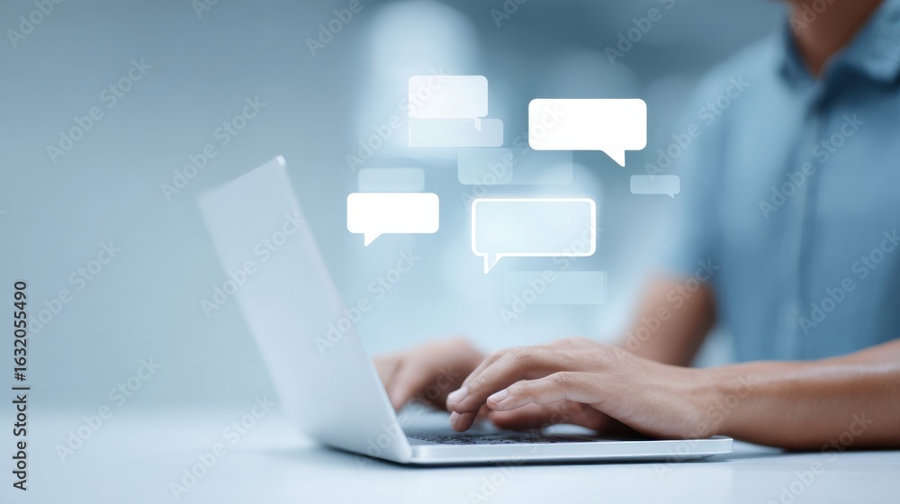 Poster a man is typing on a laptop with a screen that has a bunch of chat bubbles on it