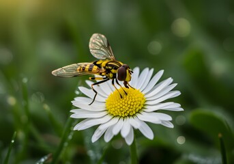 A hoverfly on a daisy flower, its wings catching the light, a macro shot capturing the beauty of nature in the summer garden, a tiny pollinator