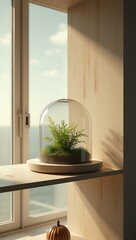 Minimalist Shelf with Glass Nature Dome and Soft Blurred Background