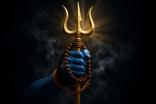 Golden trident in mahadev hand surrounded by rudraksha and smoke symbolizing power and devotion of shib chaturthi celebration of mahadev with divine glory