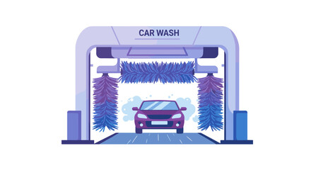 Modern car wash facility with automated cleaning brushes in flat design