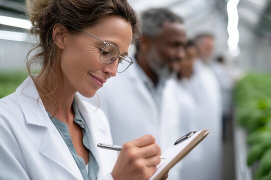 Diverse group of agronomists collaborating in a vibrant greenhouse on innovative research activities