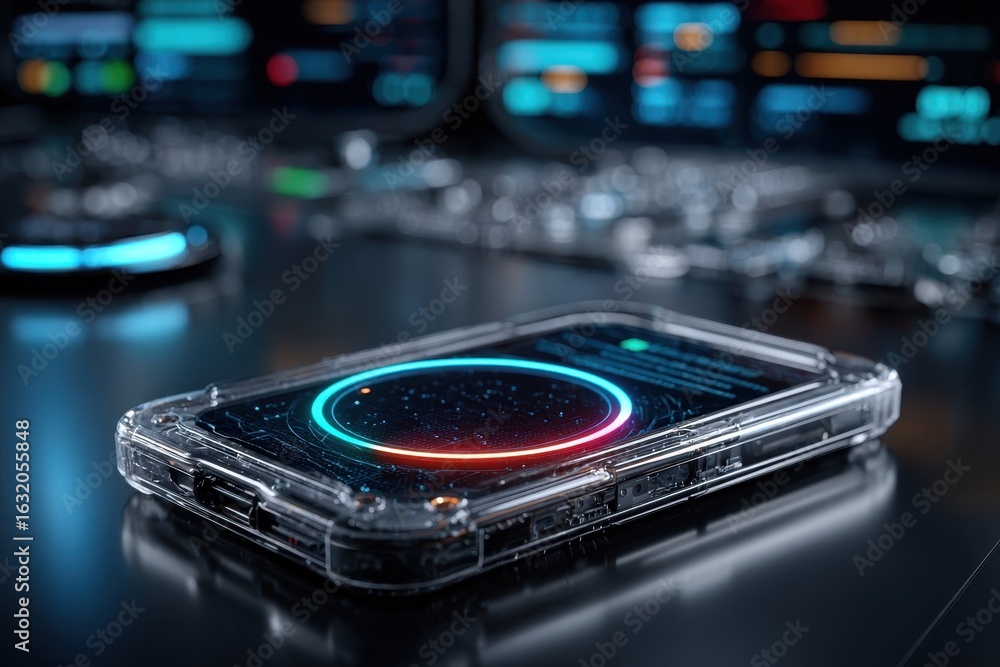 Poster a close-up of a transparent phone case displaying a digital interface, glowing with vibrant red and 