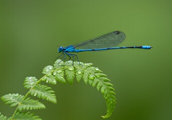 A vibrant blue damselfly perched on a fern leaf with water drops, showcasing its delicate wings and intricate patterns in a natural setting