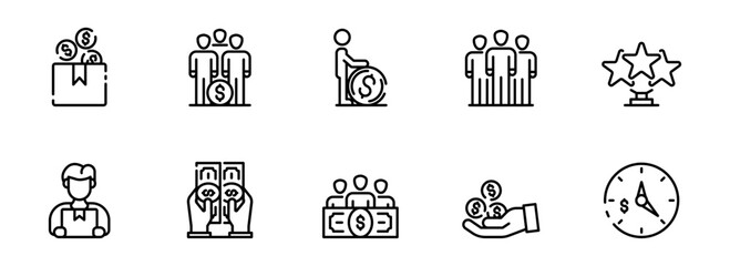 Modern Line Icons: Finance, Teamwork, Investment, Success, Time Management, and Business Growth Concepts.