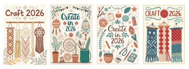 Set of four posters with craft-inspired designs and warm earthy tones