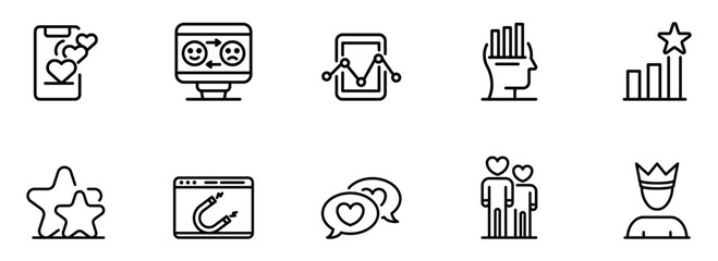 Modern Line Icons:  Social Media Engagement, Customer Satisfaction,  Business Growth, and Brand Loyalty;  Minimalist Black and White Design.