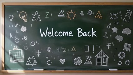 Colorful Chalkboard Welcome Back Message with Geometric Shapes and Symbols - Powered by Adobe