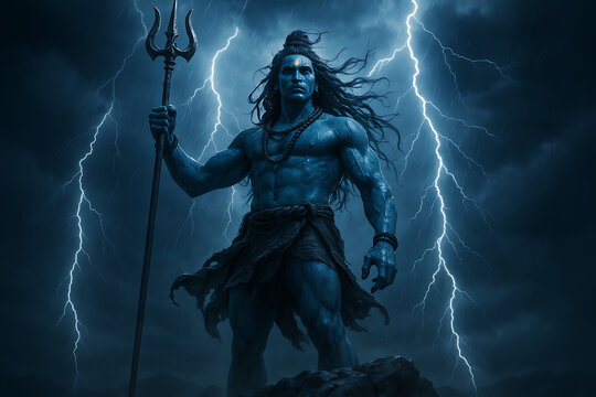 Fierce form of mahadev holding trident during lightning storm symbolizing divine power and destruction energy on sacred shib chaturthi celebrating force of mahadev