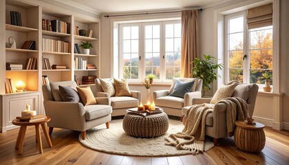 Fototapeta premium Cozy autumn living room with warm lighting