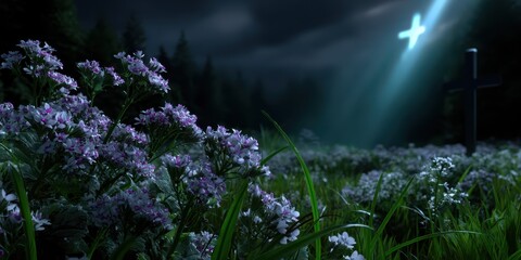 Beautiful flowers illuminated by moonlight near a cross in a serene graveyard at night