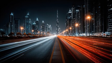 Obraz premium Night cityscape, highway with light trails