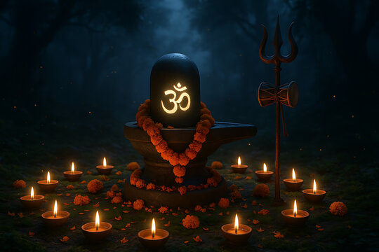 Lingam glowing with om symbol surrounded by diya and trident in forest atmosphere during shib chaturthi symbolizing worship of mahadev through divine sacred rituals