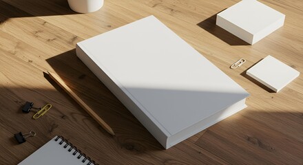 Fototapeta premium Book Cover Mockup on Wooden Desk with Stationery