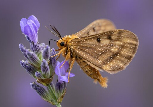 Closeup of a beautiful burnet companion moth euclidia glyphica perched on a vibrant lavender flower, showcasing its intricate details and natural beauty