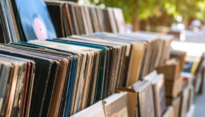 Obraz premium Vintage Vinyl Records Stacked Close Up 