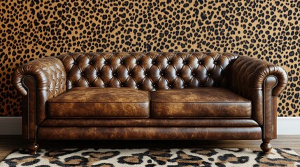 Brown leather couch with leopard print wallpaper background