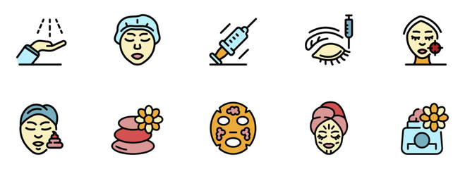 Spa Day Icons:  A Colorful Collection of Flat-Style Illustrations Depicting Facial Treatments, Injections, Skincare Products, and Relaxation Techniques for Wellness and Beauty.