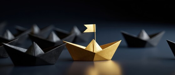 The gold paper boat leading the way among black origami boats.