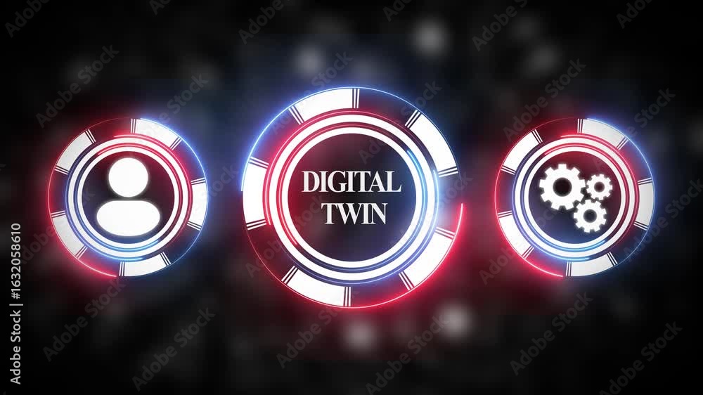 Poster digital twin technology concept futuristic interface with glowing neon elements data visualization a