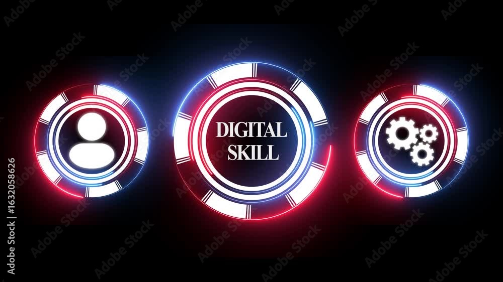 Poster digital skill concept futuristic design glowing neon circles with user icon gear symbol and text on 