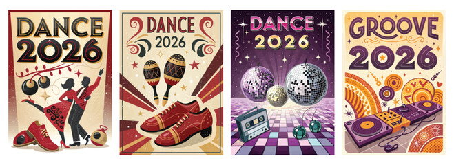 Set of four posters celebrating Dance 2026 with retro dance elements