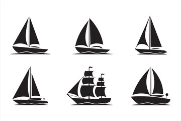 Black and white icons of yachts, sailboats, and ships for nautical design