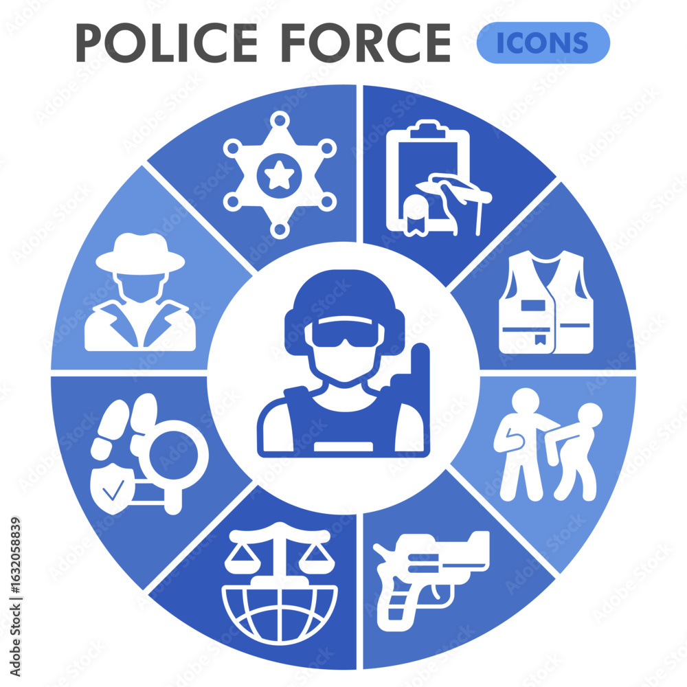 Poster police force symbols collection or sketches, law and order theme bubble with glyph style signs for w