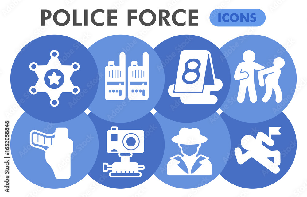 Poster police force symbols collection or sketches, law and order theme bubble with glyph style signs for w