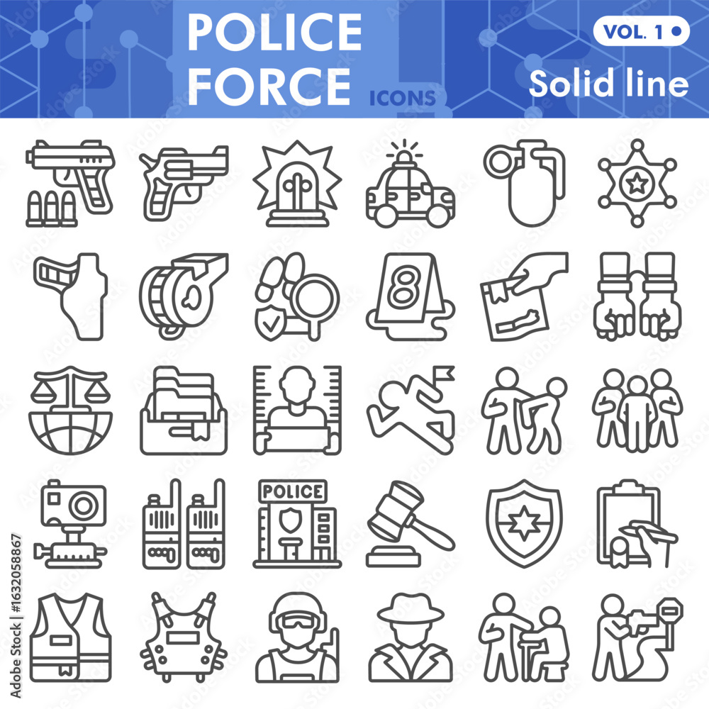 Poster police force symbols collection or sketches, law and order theme in line style signs for web and app